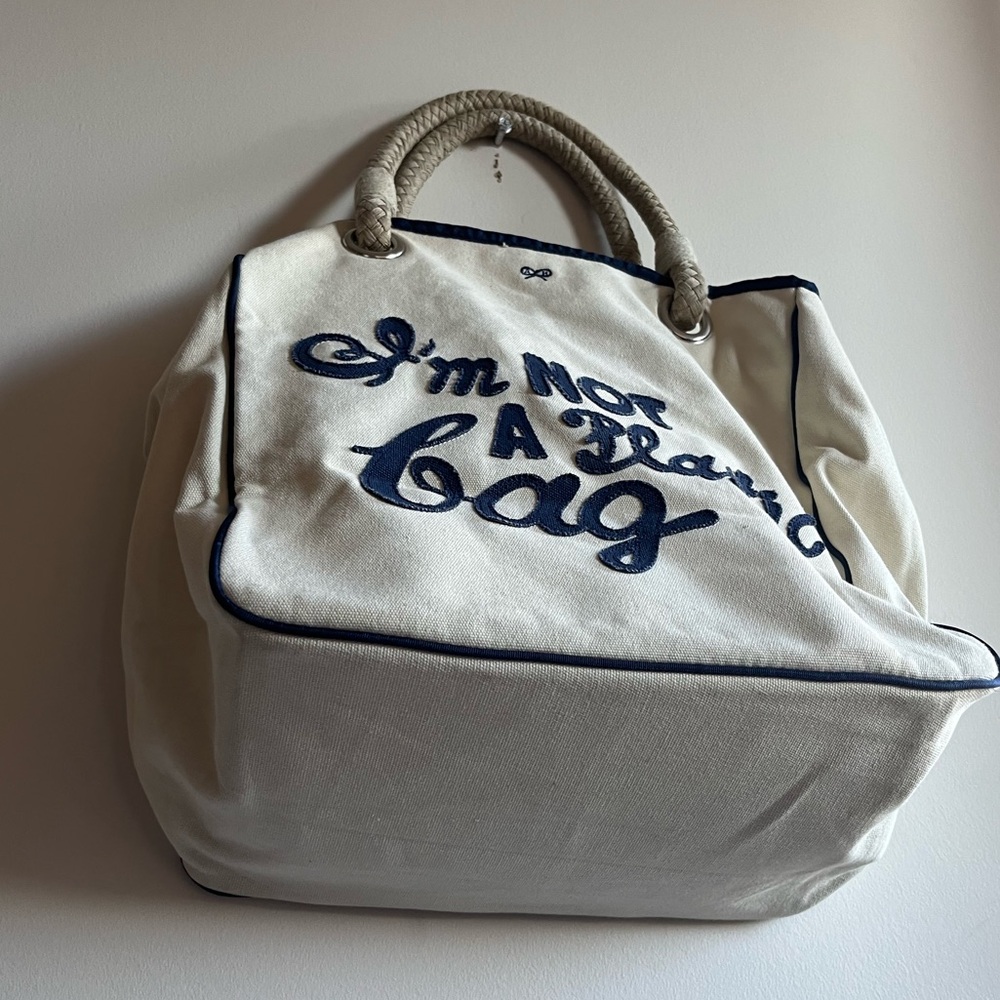 Anya Hindmarch London I AM NOT A PLASTIC BAG Cream and Navy Canvas Tote Bag - Picture 5 of 13
